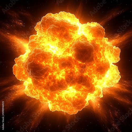 Massive Explosion in Space with Bright Fiery Flames and Dark Smoky Clouds photo