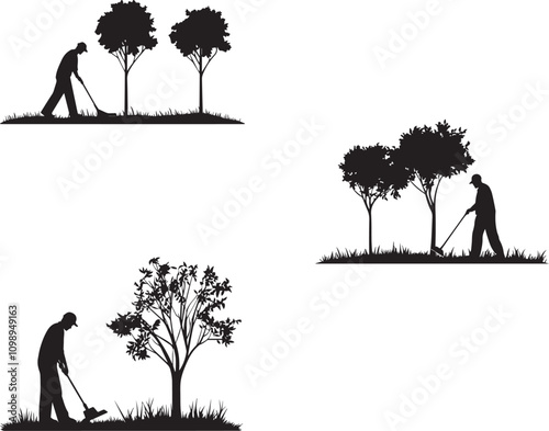 Silhouette of sweeper cleaning near trees vector silhouette