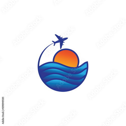 travel logo airplane illustration circle sea sunset design vector color