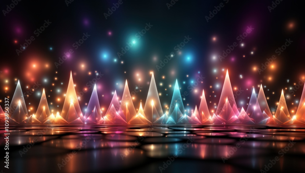 A vibrant digital landscape with colorful stars and christmas trees against a dark background