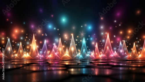 Obraz na płótnie A vibrant digital landscape with colorful stars and christmas trees against a dark background w salonie