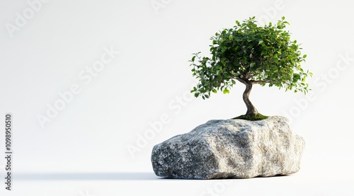 A bonsai tree growing on an isolated rock, against a plain white background photo