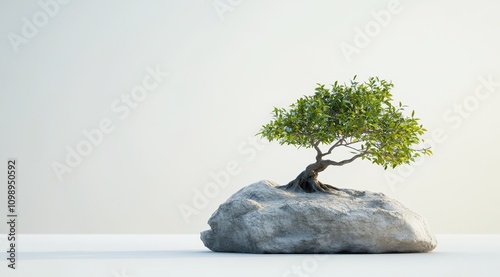 A bonsai tree growing on an isolated rock, against a plain white background photo