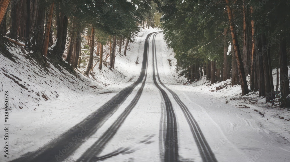 Fototapeta premium Snow covered forest road with tire tracks in winter.