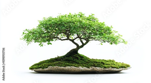 A bonsai tree growing on an isolated rock, against a plain white background photo