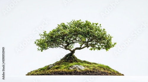 A bonsai tree growing on an isolated rock, against a plain white background photo