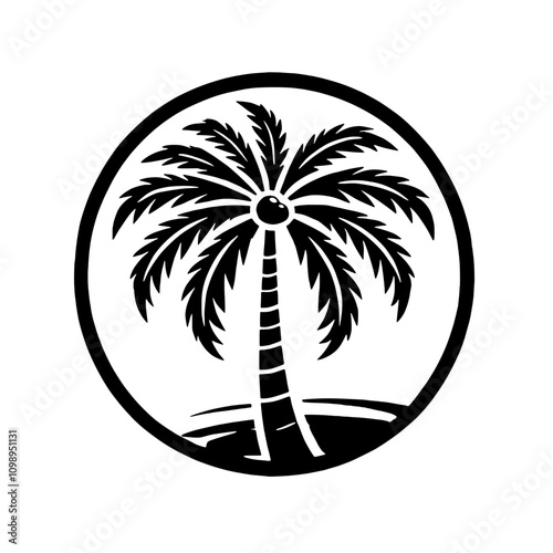 Circular palm tree vector illustration isolated with detailed fronds, ideal for eco-friendly logos, travel, and tropical themes
 photo