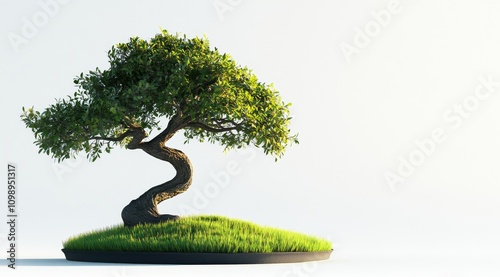 A bonsai tree growing on an isolated rock, against a plain white background photo