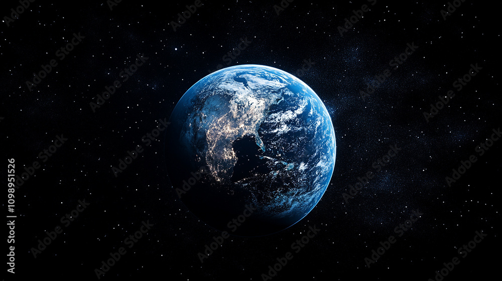 Fototapeta premium Earth viewed from space at night showcasing city lights and a starry background