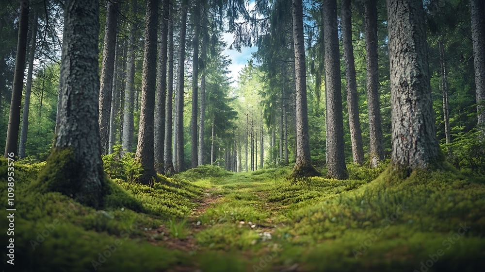 Obraz premium Forest path, trees, moss, nature, sunlight