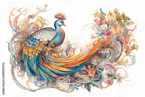 a colorful bird resembling a peacock, with a long and graceful tail, shimmering with bright colors. 