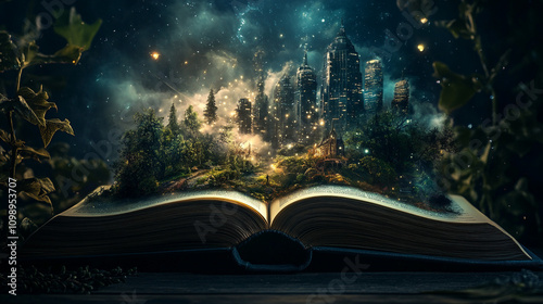 Open book reveals a fantasy world with a forest and futuristic city at night photo