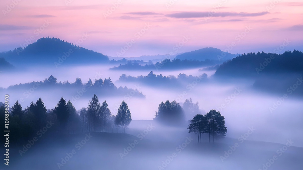 Fototapeta premium Misty morning landscape reveals rolling hills and silhouettes of trees at dawn
