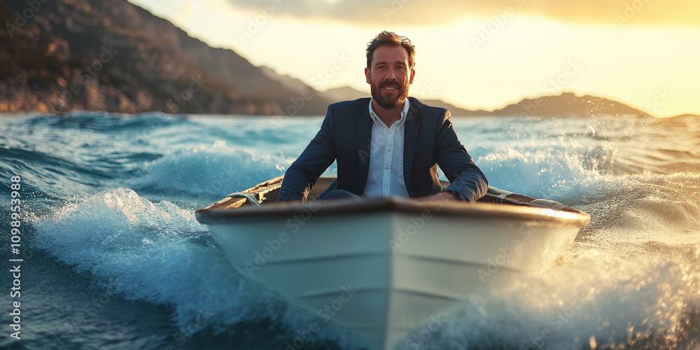 Fototapeta premium businessman escape from danger wave, Sitting on the boat Rowing from danger wave
