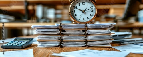 Tax Documents Calculator and Clock Highlighting Urgent Deadlines and Pressure of Tax Season photo