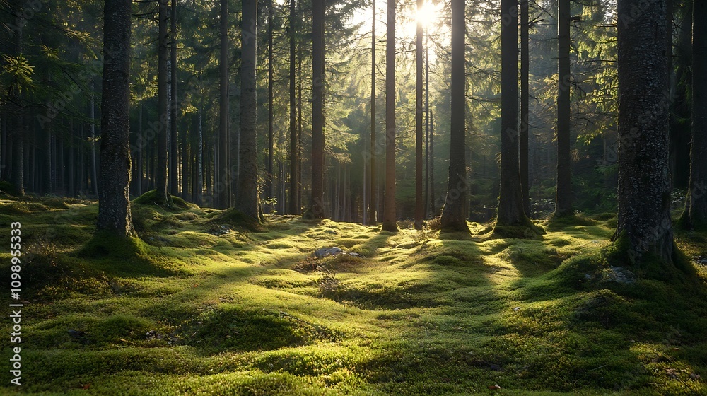 Obraz premium Sunlit Forest Mossy Ground