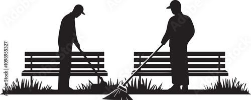 Silhouette of sweeper sweeping around park benches vector silhouette