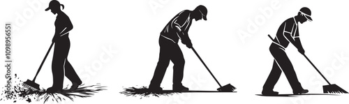 Silhouette of sweeper sweeping street trash vector silhouette