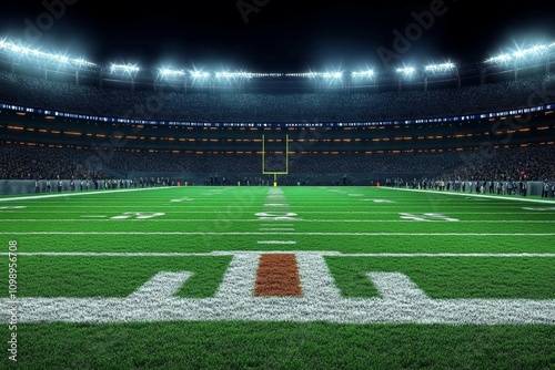 NFL Stadium Night Scene with Bright Lights on Football Field and Spectators in Stands photo