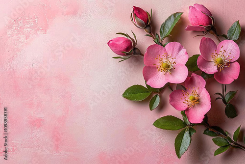 Close-up of Fresh Rosehip Flower on a Soft Pink Background, Ideal for Advertising and Promotional Designs photo