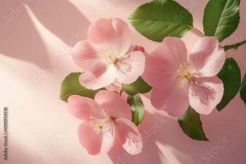 Beautiful Rosehip Flower on a Gentle Pink Background, Ideal for Health, Beauty, and Nature-themed Advertisements photo