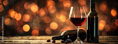 Red wine bottle and glass with bokeh lights in the background photo