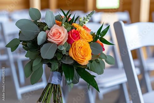 A formal audience at a wedding ceremony, seated in rows with elegantly decorated chairs and flowers in the foreground photo