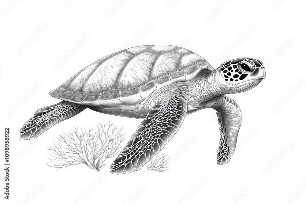 Fototapeta premium Turtle swimming gracefully among coral reefs and aquatic plants, showcasing marine elegance sketch engraving fictional character Scratch board imitation Black and white image separate on white