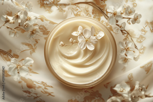 Topview Close-Up of Smooth Shea Butter-Infused Cream with Warm Neutral Tones for Advertising and Beauty Marketing photo