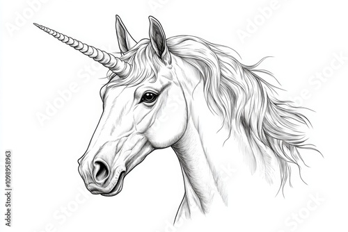 Unicorn with a flowing mane and spiraled horn, exuding magical vintage fantasy elegance sketch engraving generative AI fictional character Scratch board imitation Black and white image, separate photo