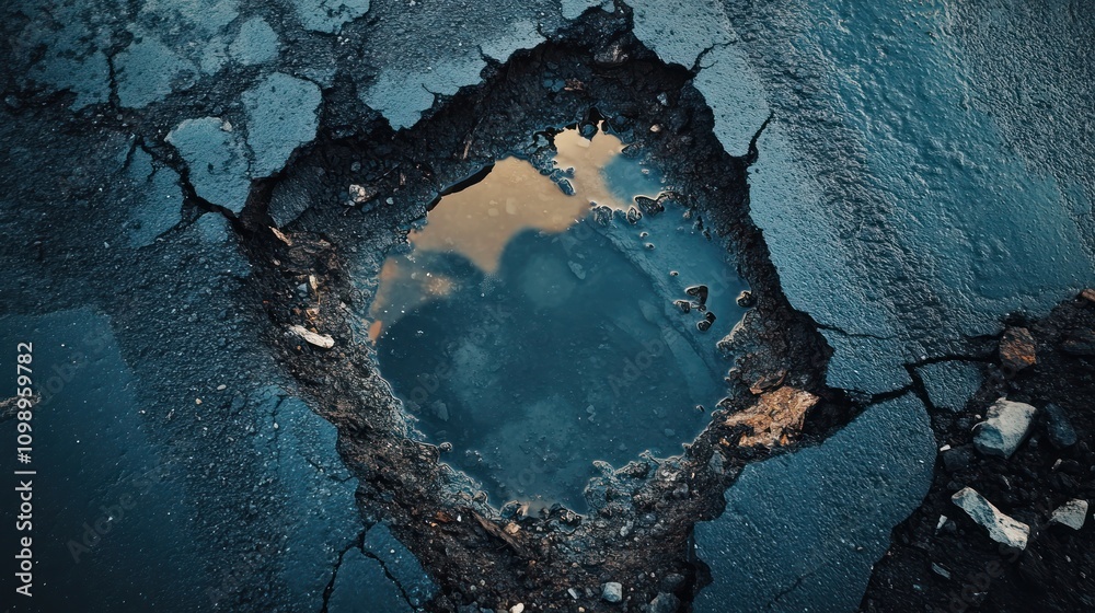 Obraz premium A deep pothole reflecting the sky and surrounding asphalt.