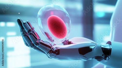 A futuristic robotic hand holding a glowing, bioluminescent red blood cell, against a sleek photo