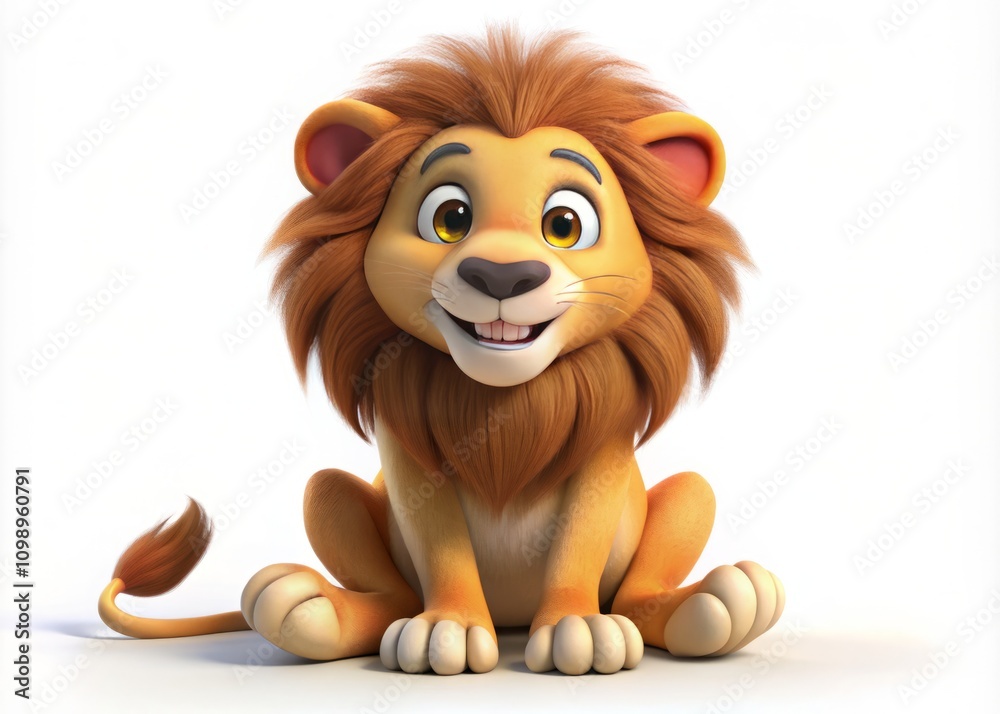 Fototapeta premium Aerial View of a Whimsical 3D Cartoon Lion Sitting Alone on a White Background, Ideal for Children's Themes and Projects, Perfect for Creative Designs and Illustrations