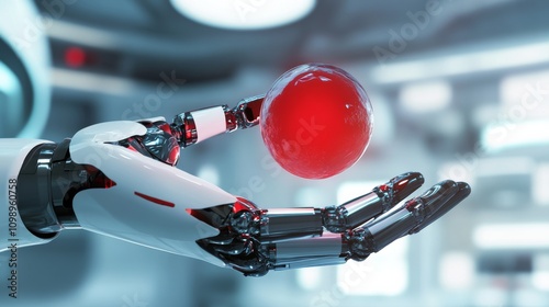 A futuristic robotic hand holding a glowing, translucent red blood cell, set against a sleek photo