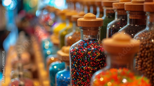 Colorful spice jars arranged on a wooden shelf photo