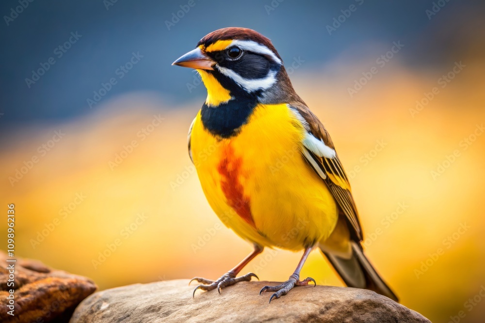 Naklejka premium Captivating African Golden Breasted Bunting on a Rock in Kruger National Park, Showcasing the Vibrant Colors and Natural Habitat of Fringillaria flaviventris in South Africa