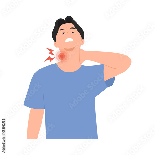 Man massaging neck to relieve pain and stiffness. Flat vector illustration