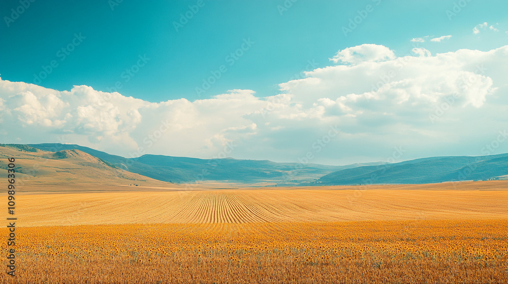 Fototapeta premium Expansive golden fields under a bright blue sky with distant mountains