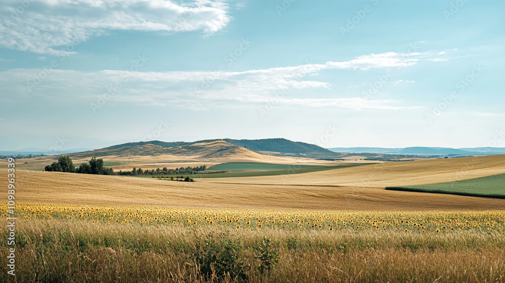 Fototapeta premium Breathtaking landscape with rolling hills and fields under a blue sky during daytime