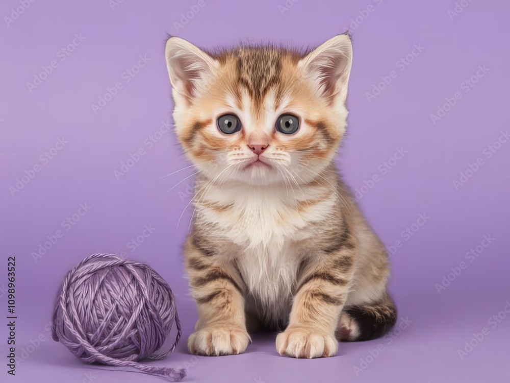 Obraz premium A small kitten playing with a purple ball of yarn