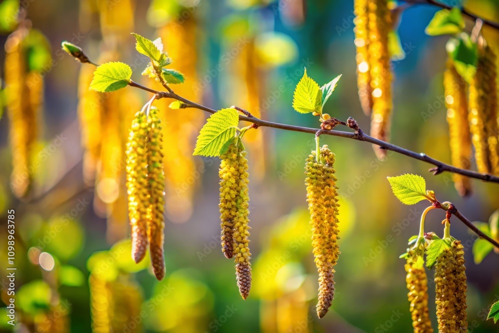 Fototapeta premium Captivating Tilt-Shift Photography of Birch Tree Catkin Twigs with Macro Close-Up of Young Spring Catkins and Leaves Isolated for Nature and Botanical Aesthetics