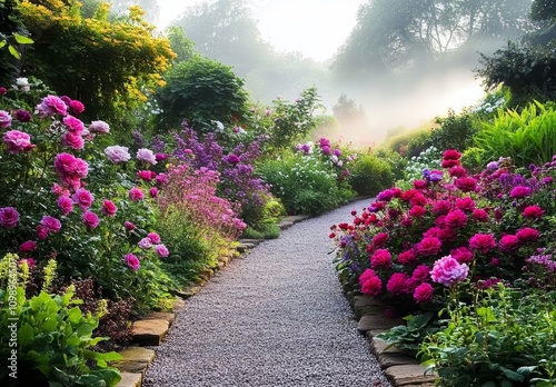 Lush Vibrant Garden in Morning Mist with Roses and Green Foliage in English Park