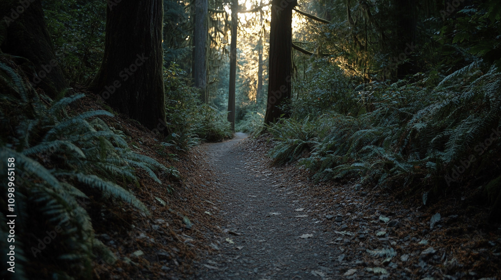 Fototapeta premium Peaceful forest path illuminated by gentle sunlight in a serene natural setting