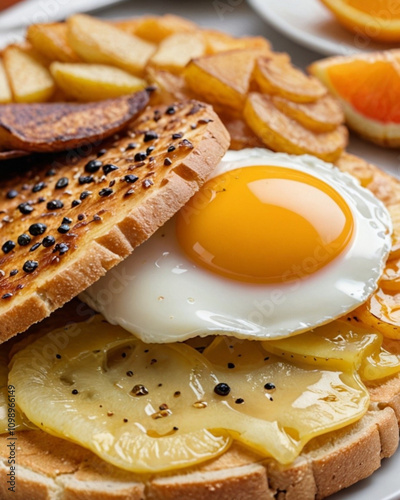 Close-up huevo frito con patatas fritas cebolla pan tostado y fruta naranjas photo