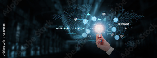 Introduction: Innovation, creativity, inspiration, new ideas, technology, breakthroughs. Businessman hand holding creative light bulb with innovative technology.