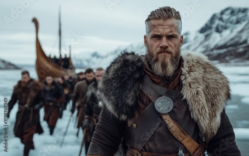 Ancient echoes - Scandinavian spirit embodied in Viking warrior, resilient cold-climate dweller, navigating harsh landscapes with indomitable courage, timeless heritage, a rich cultural legacy. photo