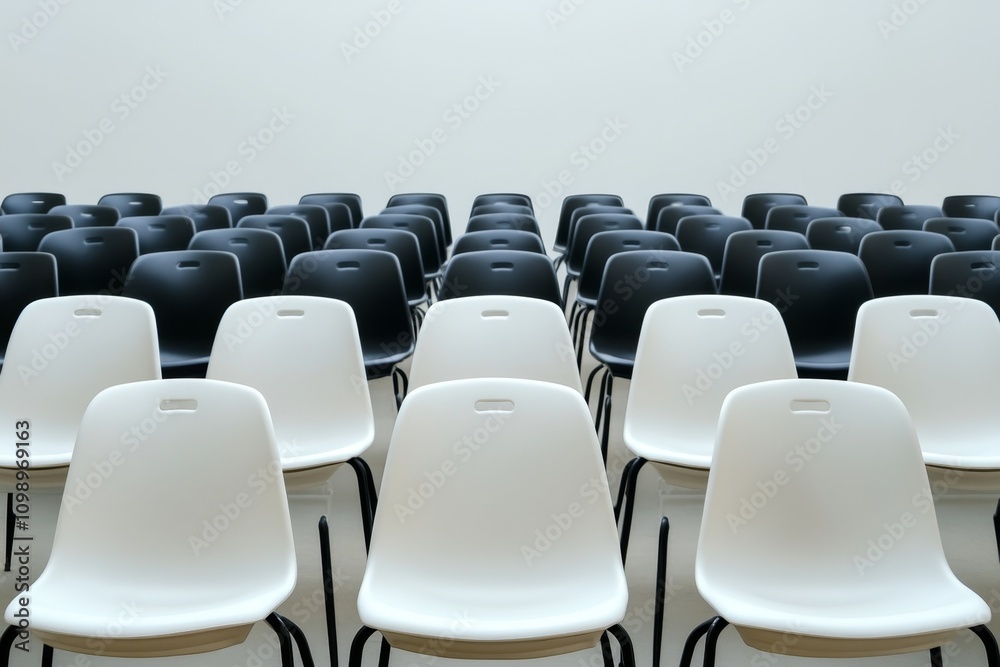Fototapeta premium Minimalist shapes representing an audience seated in rows, with simple geometric figures for heads and bodies