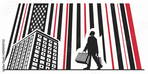 Symbolic shopping concept with a man carrying bags walking past a building stylized as a barcode, themes of retail, sales events like Black Friday and the commercialized urban environment. photo