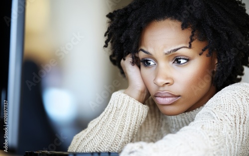 Young woman working from home, wearing a white sweater, black computer and black keyboard, fingers on temples looking at the computer thinking, head-on shot photo