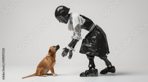 Futuristic AI Robot Wearing Housemaid Dress Caring for Family Pet While Cleaning in Modern Living Room photo